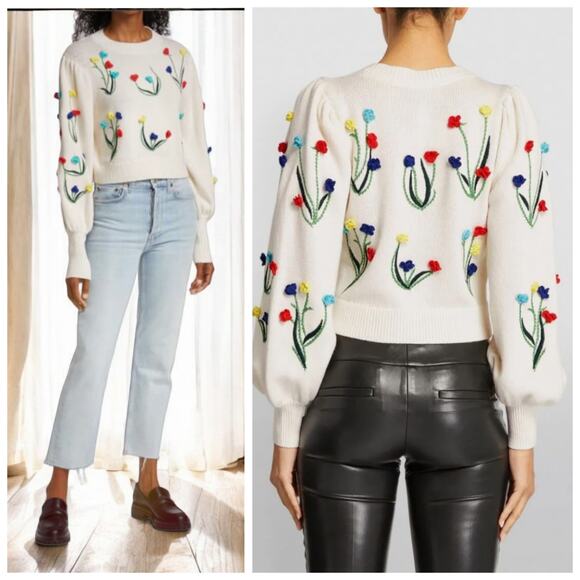 Alice + Olivia Wendell Floral Embroidered Knit Sweater Puff Sleeves Medium - Picture 1 of 6